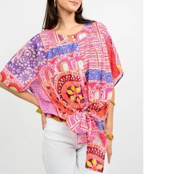 Ivy Jane Tie Front Mixed print Blouse Top Oversized S / M - Picture 7 of 7